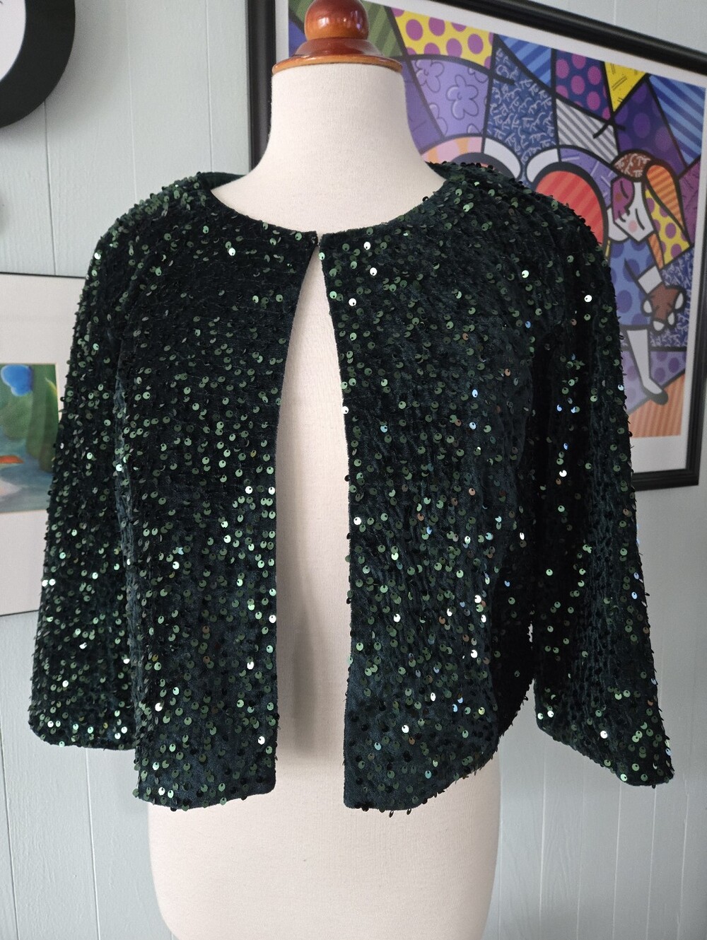 Talbots Emerald Green Sequined Cropped Jacket Size M